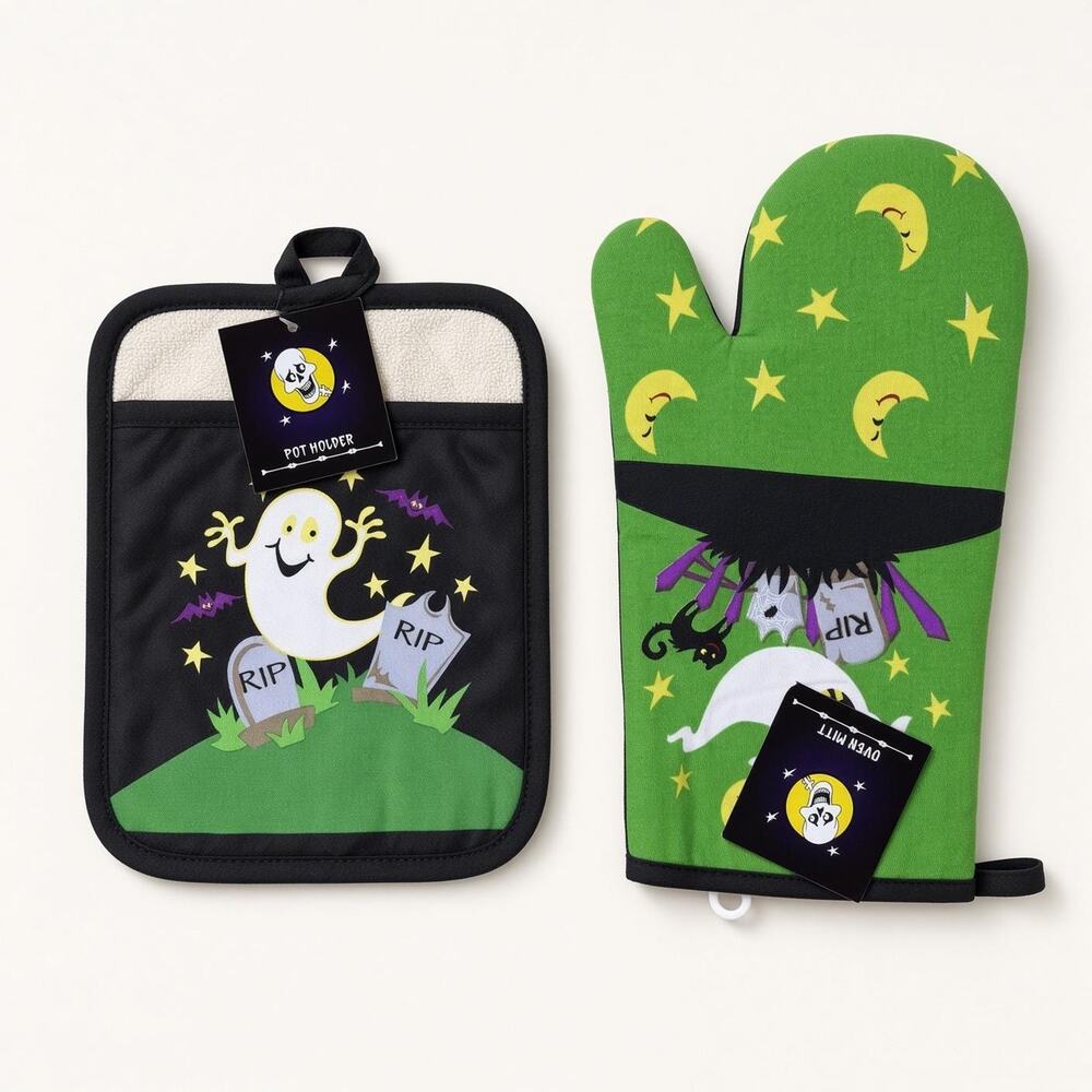 Halloween Ghost Oven Mitt, Kitchen Pot Holder Set, Vintage Fall Towel Decor